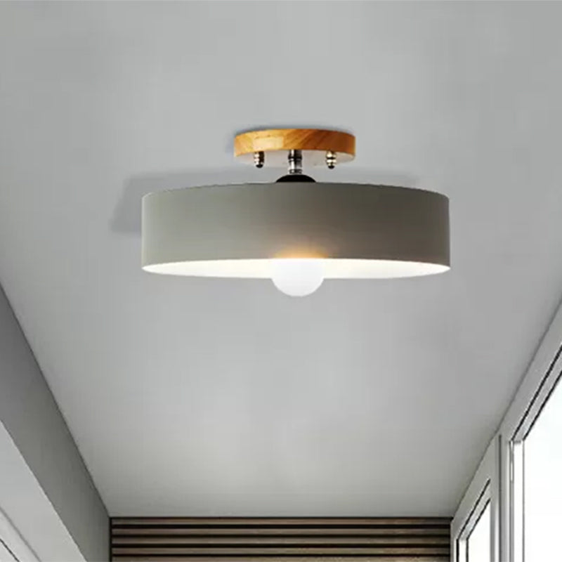 Drum Semi Mount Lighting Modernist Metal 1 Light 12" W Gray/White/Red/Pink Ceiling Mounted Fixture for Living Room