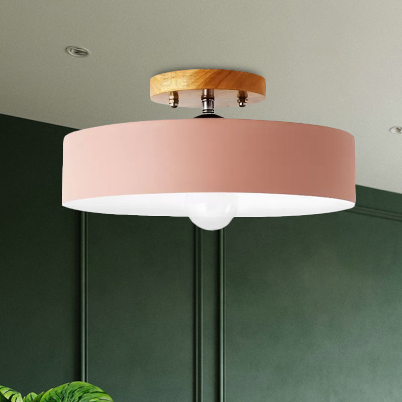 Drum Semi Mount Lighting Modernist Metal 1 Light 12" W Gray/White/Red/Pink Ceiling Mounted Fixture for Living Room