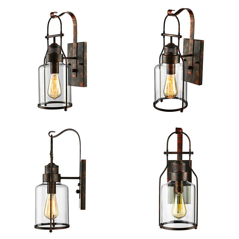 Cylinder Clear Glass Wall Mounted Lamp Industrial Single Bulb Living Room Sconce Light in Black/White/Rust with Cage