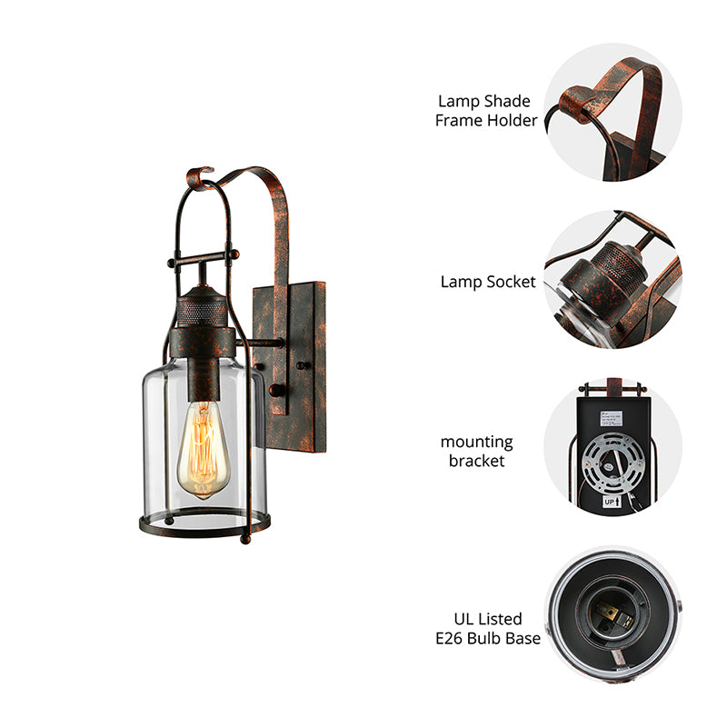 Cylinder Clear Glass Wall Mounted Lamp Industrial Single Bulb Living Room Sconce Light in Black/White/Rust with Cage