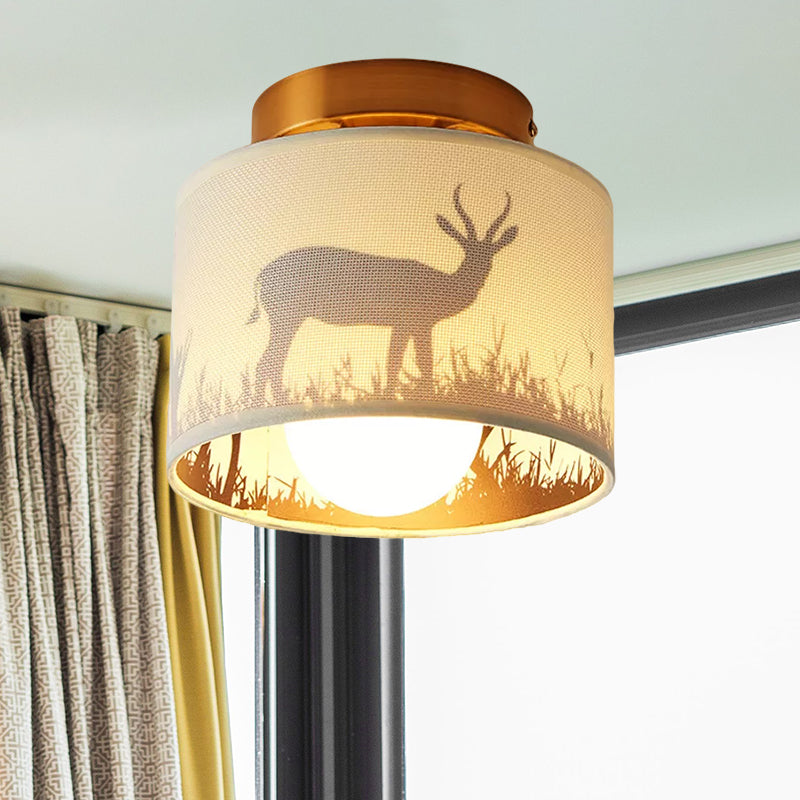 Fabric Cylinder Flush Mount Fixture with Flower/Deer Pattern Nordic 1 Bulb Flush Mount Ceiling Light for Foyer