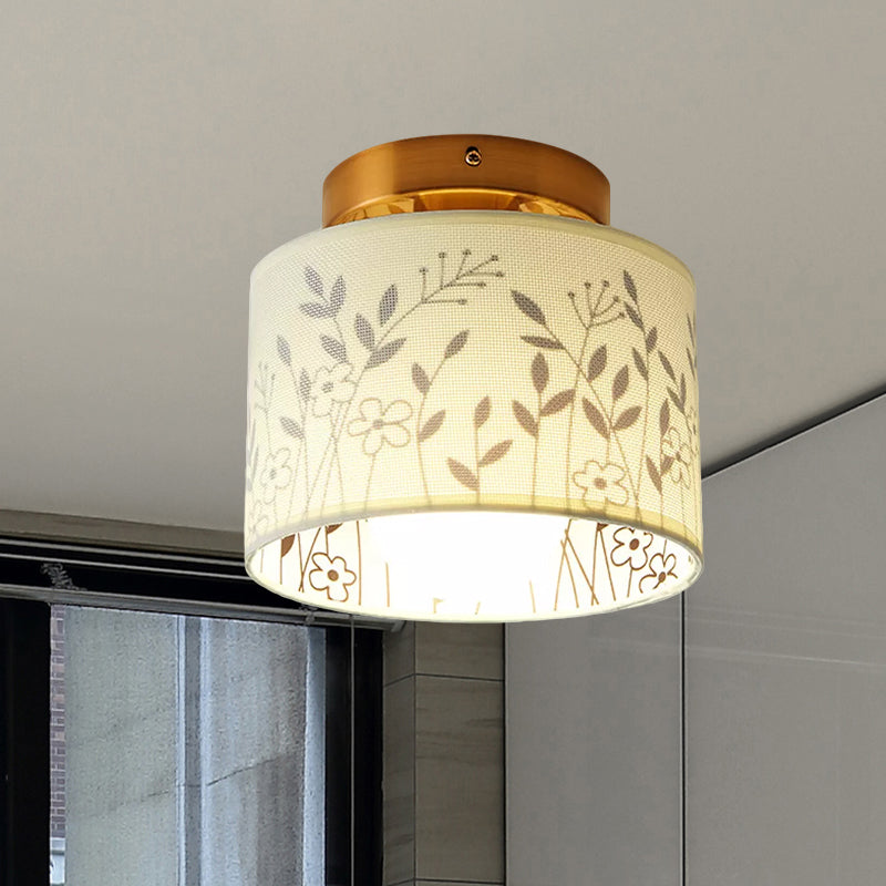 Fabric Cylinder Flush Mount Fixture with Flower/Deer Pattern Nordic 1 Bulb Flush Mount Ceiling Light for Foyer