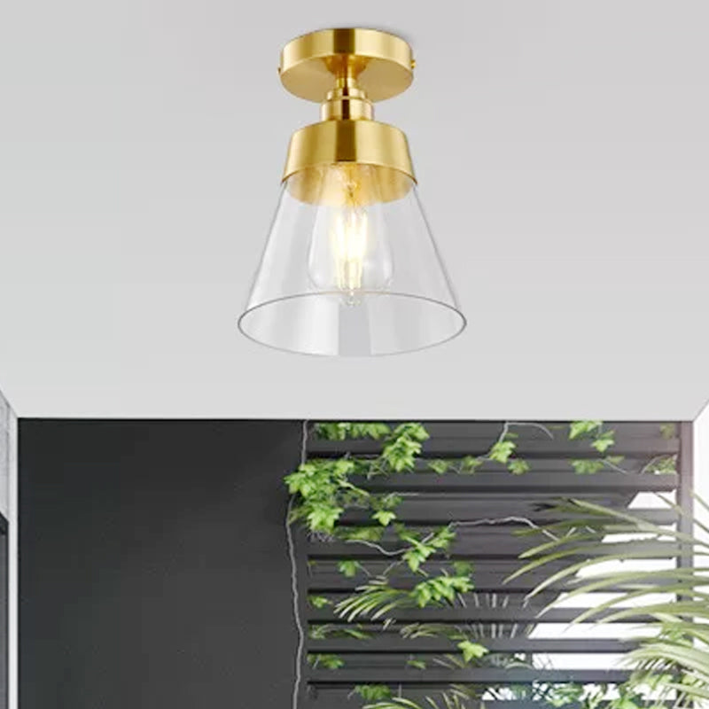 1 Light Gold Finish Semi-Flush Mount Light with Conical Shade and Clear Glass Minimalist Semi Flush Ceiling Light