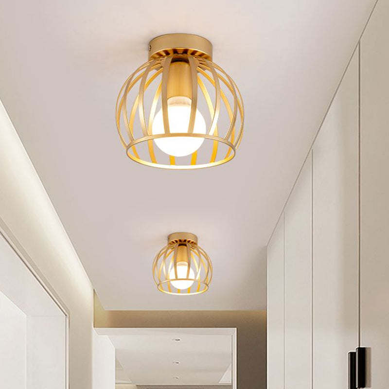 Black/Gold Metal Cage Ceiling Mounted Light Minimalism 1 Light Flushmount Lighting for Corridor