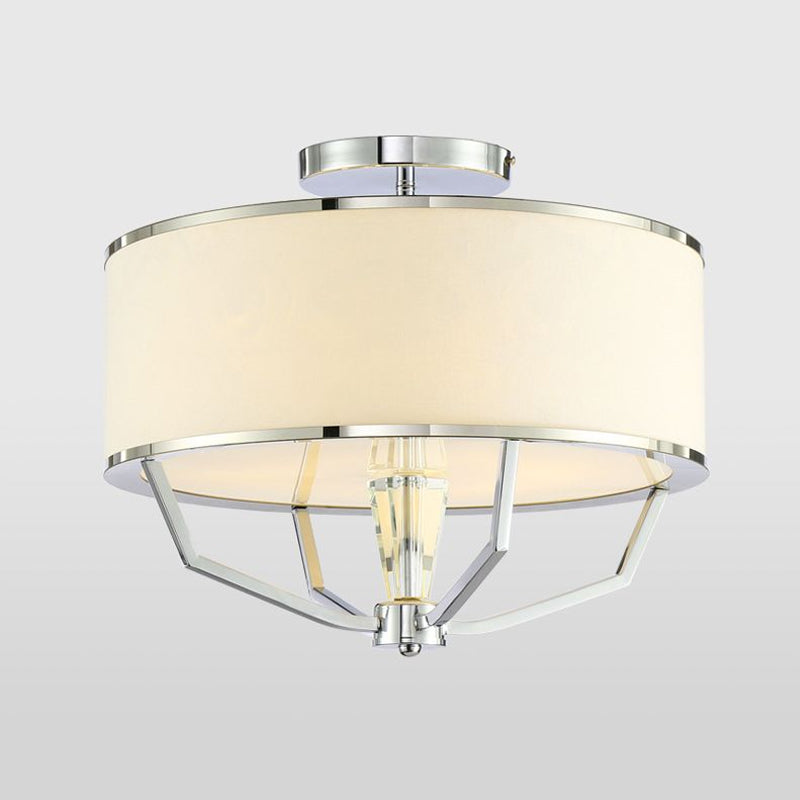 Modern Drum Semi Ceiling Flushmount Light with White Fabric Shade 5 Lights Semi Flush Lamp in Chrome