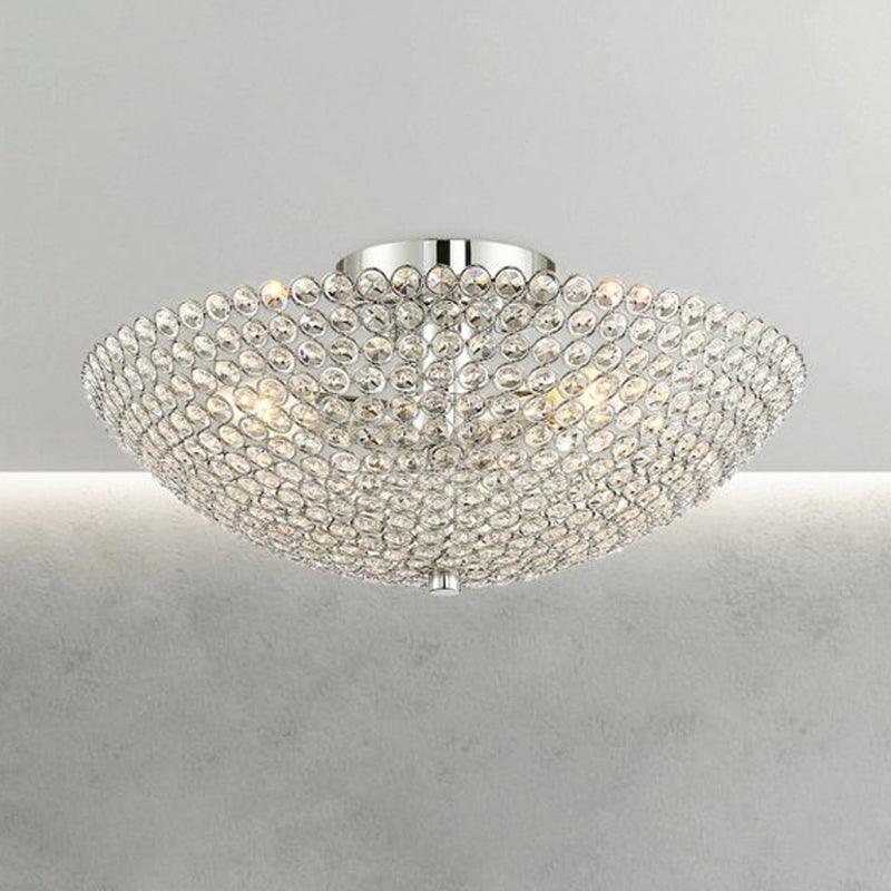 Clear K9 Crystal Bowl Semi Ceiling Flush Mount Contemporary Triple Light Chrome Close to Ceiling Light