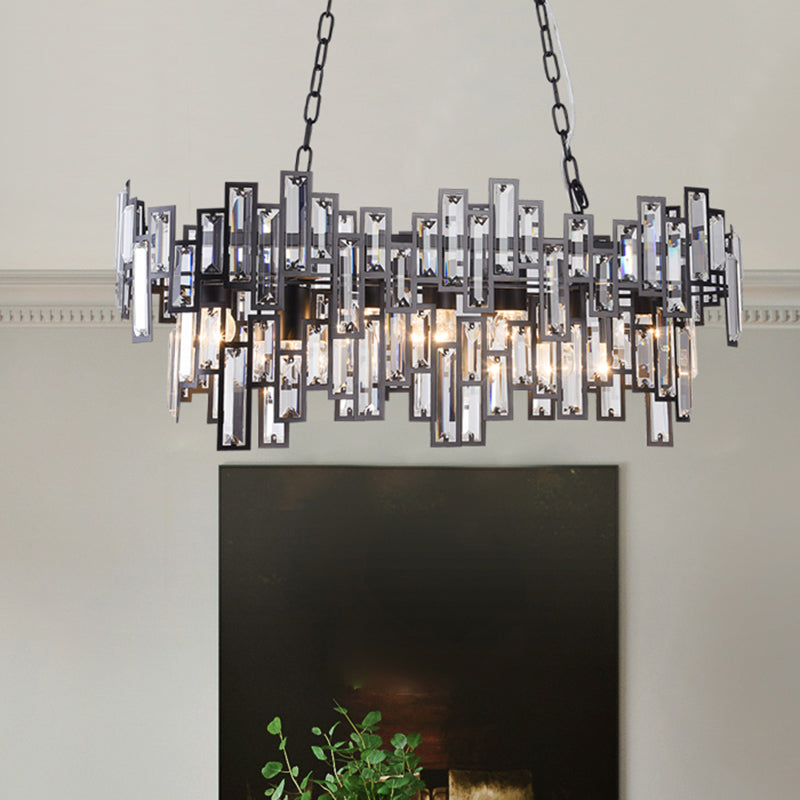7 Bulbs Oval Frame Pendant Lamp Modern Black/Gold Clear Rectangular-Cut Crystals Encrusted Island Lighting