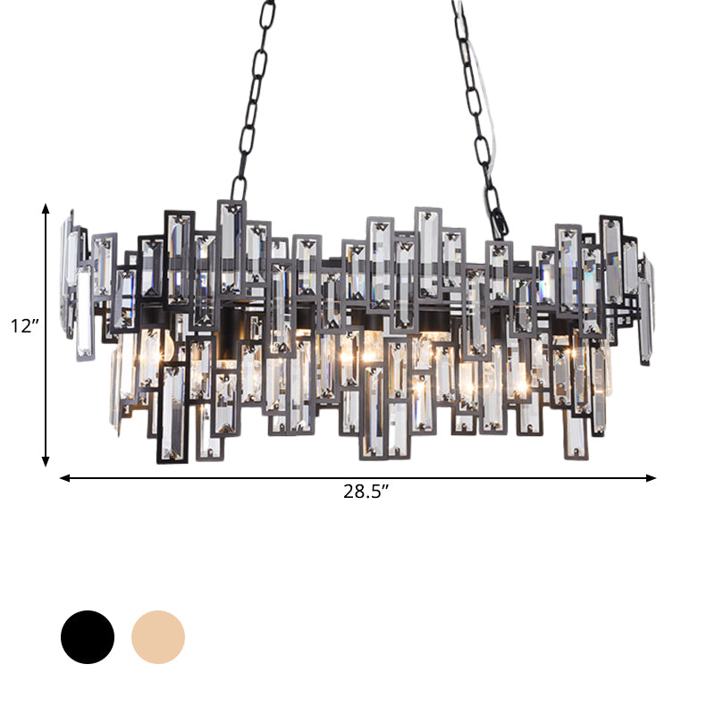 7 Bulbs Oval Frame Pendant Lamp Modern Black/Gold Clear Rectangular-Cut Crystals Encrusted Island Lighting