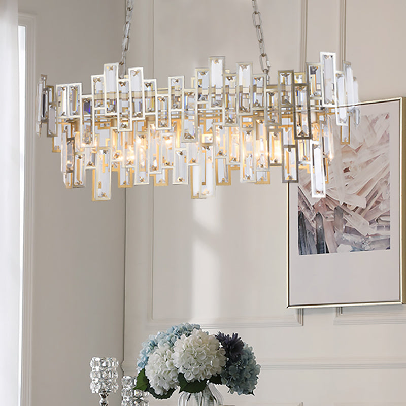 7 Bulbs Oval Frame Pendant Lamp Modern Black/Gold Clear Rectangular-Cut Crystals Encrusted Island Lighting