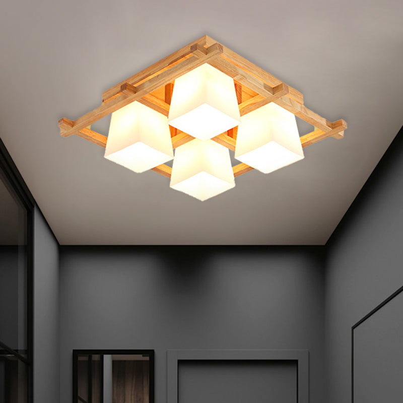 Wooden Checkerboard Shape Flush Mount Light Study Room Japanese Style Ceiling Light in Beige