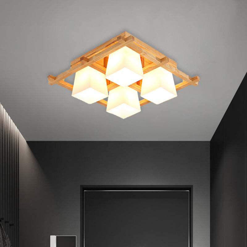Wooden Checkerboard Shape Flush Mount Light Study Room Japanese Style Ceiling Light in Beige