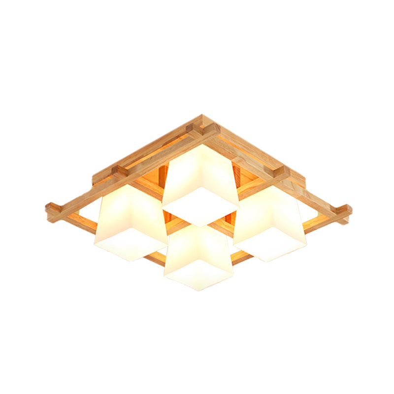 Wooden Checkerboard Shape Flush Mount Light Study Room Japanese Style Ceiling Light in Beige