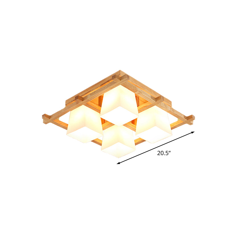 Wooden Checkerboard Shape Flush Mount Light Study Room Japanese Style Ceiling Light in Beige