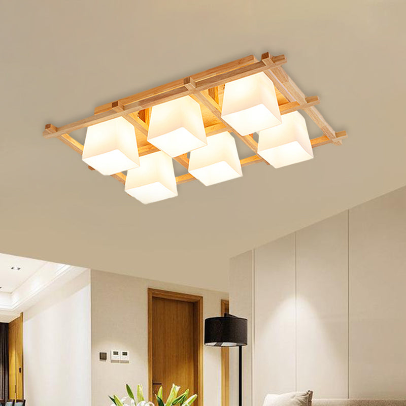 Wooden Checkerboard Shape Flush Mount Light Study Room Japanese Style Ceiling Light in Beige