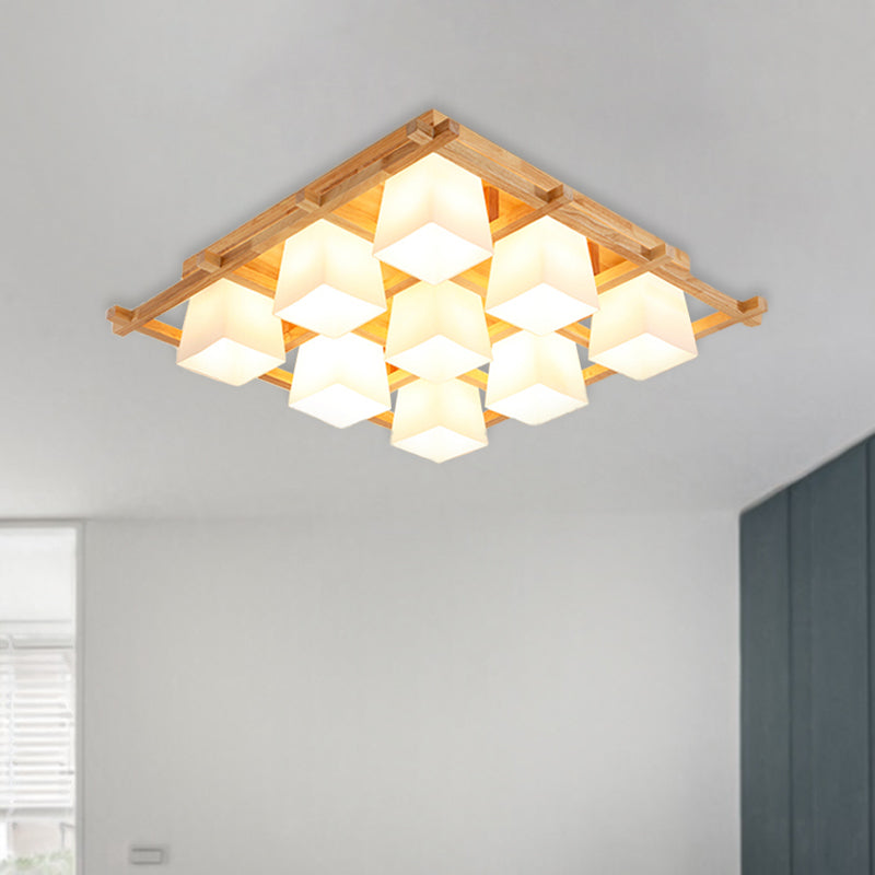 Wooden Checkerboard Shape Flush Mount Light Study Room Japanese Style Ceiling Light in Beige