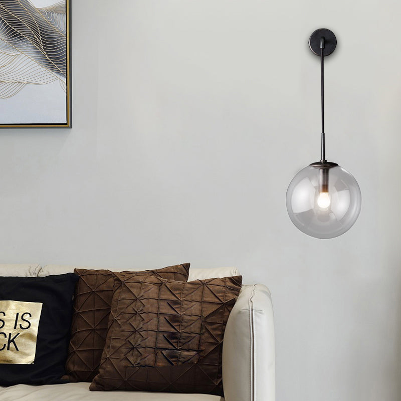 Round Clear Glass Wall Mounted Lamp Industrial Single Bulb Bedroom Vanity Sconce in Chrome/Brass/Black, 6"/8" Wide