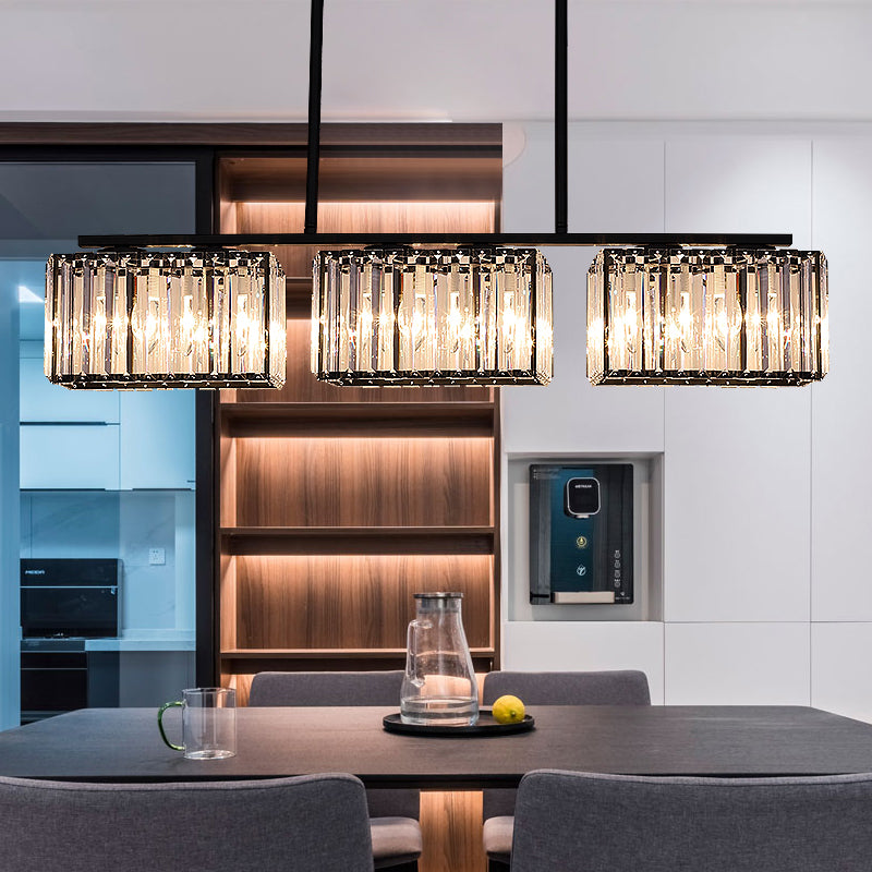 4/6/8 Heads Island Chandelier Contemporary Cuboid Shade Clear Crystal Hanging Light Fixture in Black