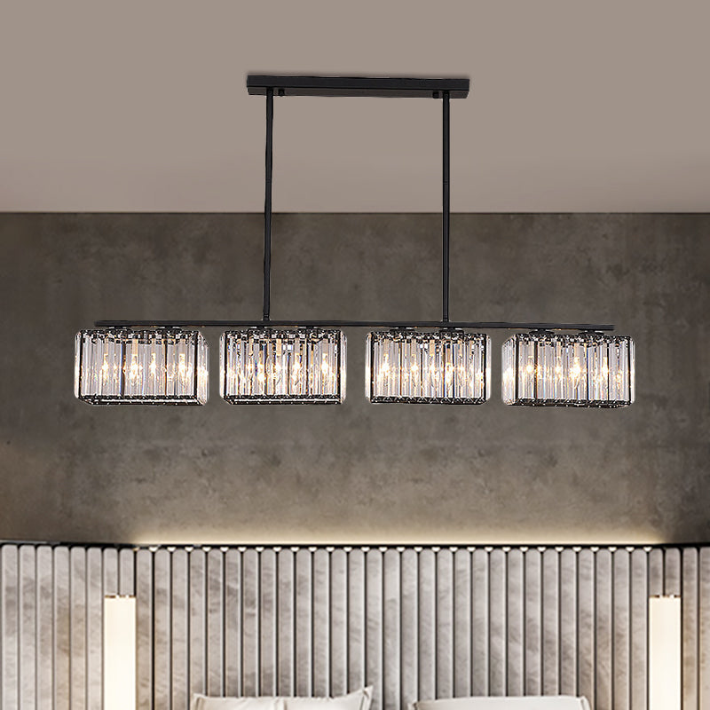 4/6/8 Heads Island Chandelier Contemporary Cuboid Shade Clear Crystal Hanging Light Fixture in Black