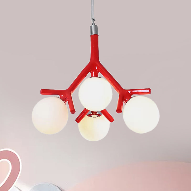 Global White Glass Chandelier with Branch Design Contemporary 4 Lights White/Black/Red Hanging Ceiling Fixture