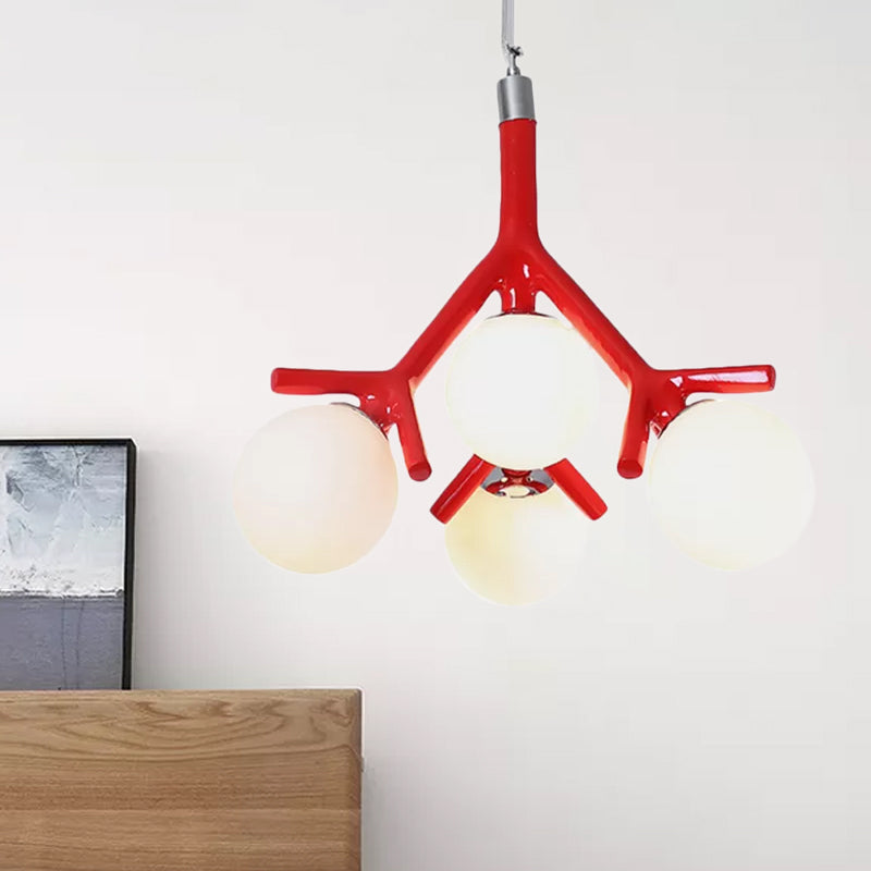 Global White Glass Chandelier with Branch Design Contemporary 4 Lights White/Black/Red Hanging Ceiling Fixture