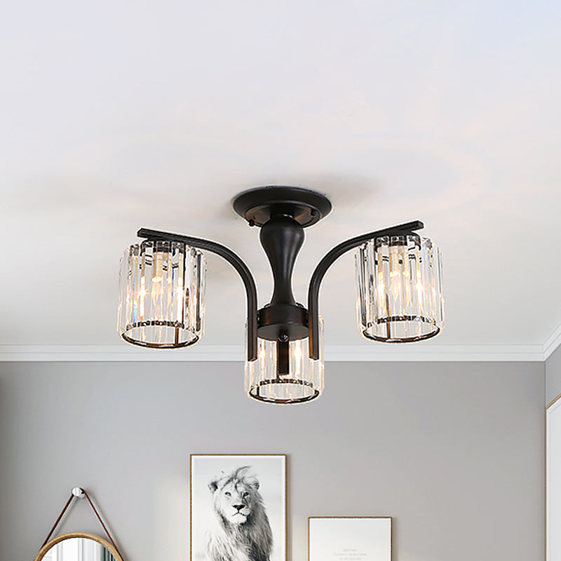 Cilinder semi-inbouwlamp met kristallen kap Scandinavisch metaal 3/5-lichts zwarte plafondlamp