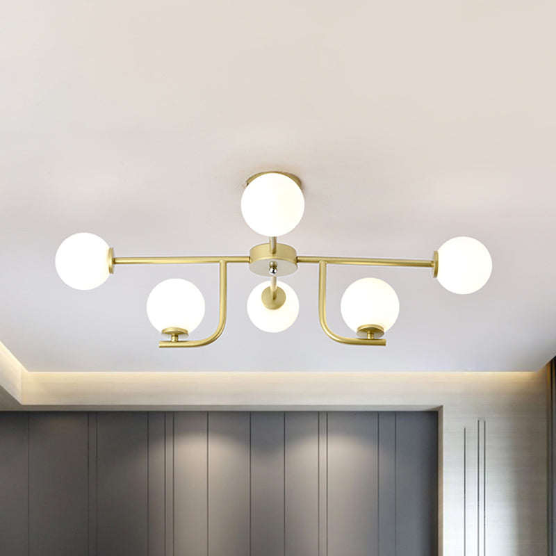 Semi-plafondlamp met meerdere staven met glazen bol, modern metaal, 6/10 koppen goud, inbouwmontage voor woonkamer
