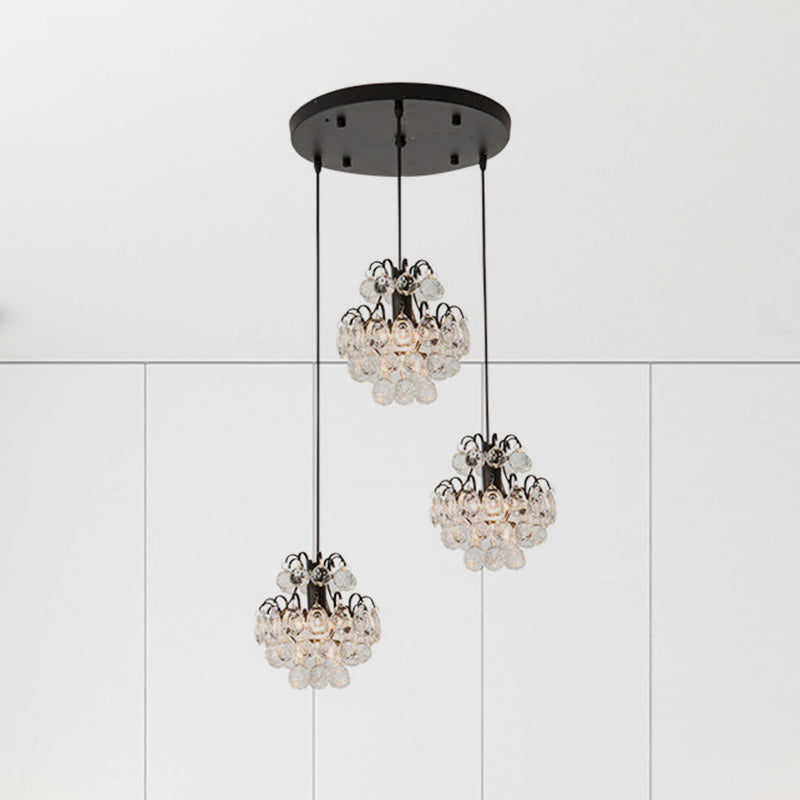 Round/Linear Canopy Dinning Hall Multi Ceiling Lamp Modern Metal 3 Bulbs Black/Gold Hanging Pendant with Clear Crystal Balls