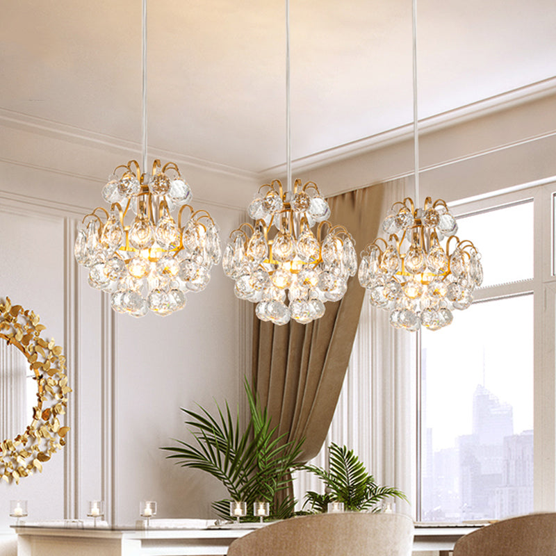 Round/Linear Canopy Dinning Hall Multi Ceiling Lamp Modern Metal 3 Bulbs Black/Gold Hanging Pendant with Clear Crystal Balls