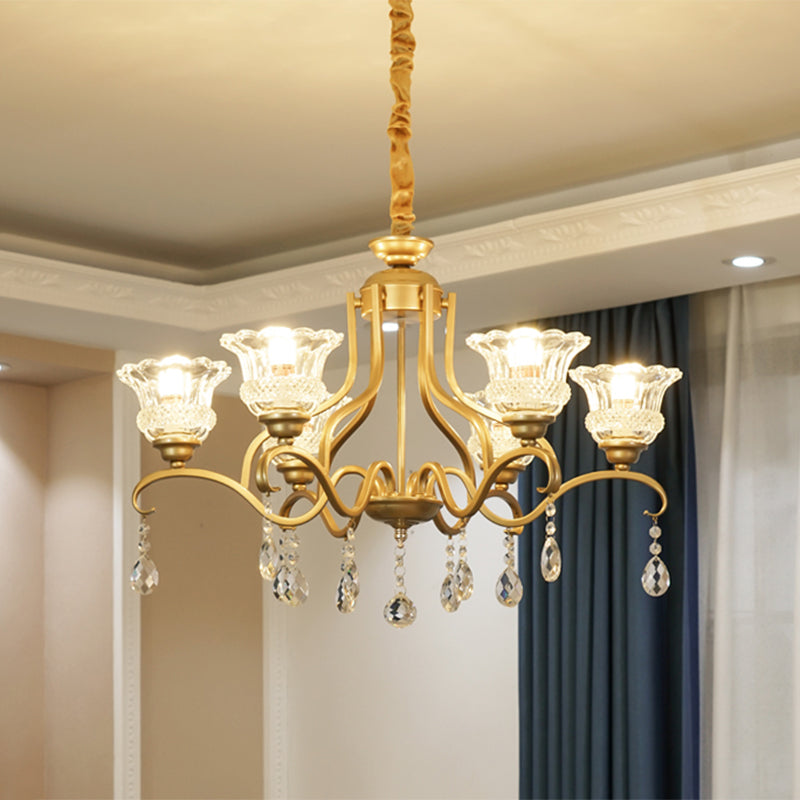 Gold 3/6/8 Lights Ceiling Chandelier Traditional Crystal Glass Floral Shade Parlour Suspension Lamp