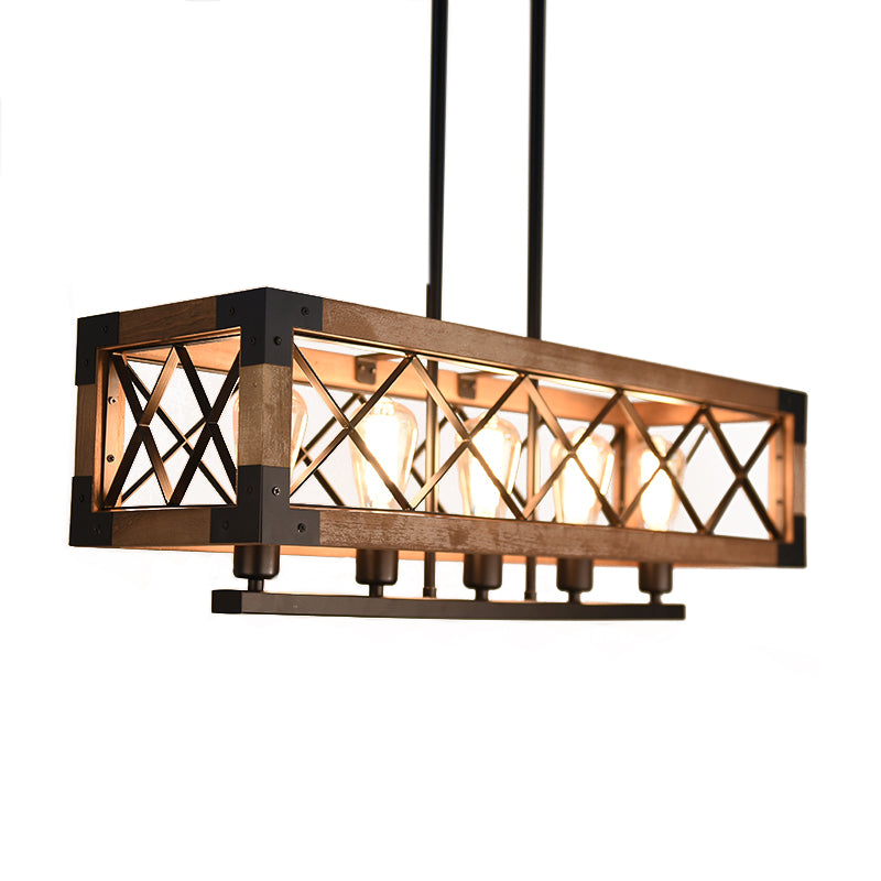 5 Bulbs Rectangle Pendant Light with Frame Shade Rustic Loft Brown Metal and Wood Island Light