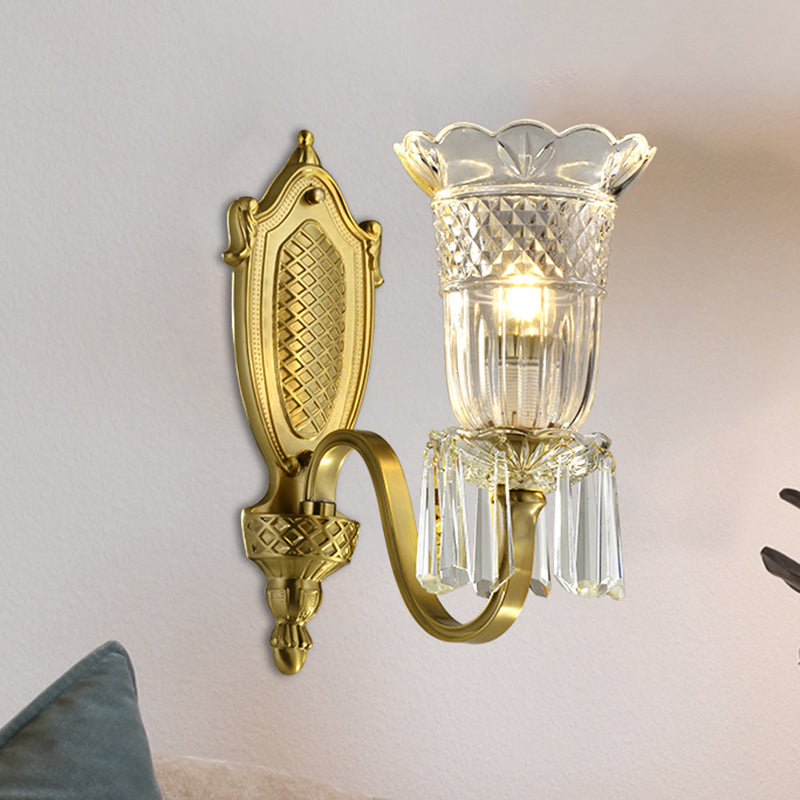 Vintage Floral Shade Up Wall Light 1 Light Clear Crystal Glass Wall Mounted Lamp in Gold