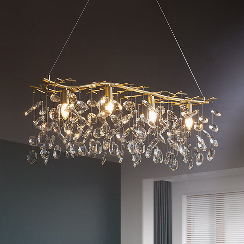Lampada sospesa dell'isola di ramificazione oro Modernismo a pendolo metallico a 4-bulba con goccioline di cristallo