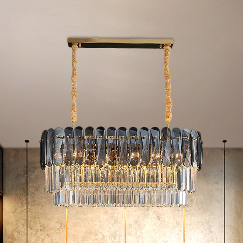 3-Tier Rectangular Dining Room Pendant Amber/Smoke Gray Crystal Block 12-Light Contemporary Island Lamp
