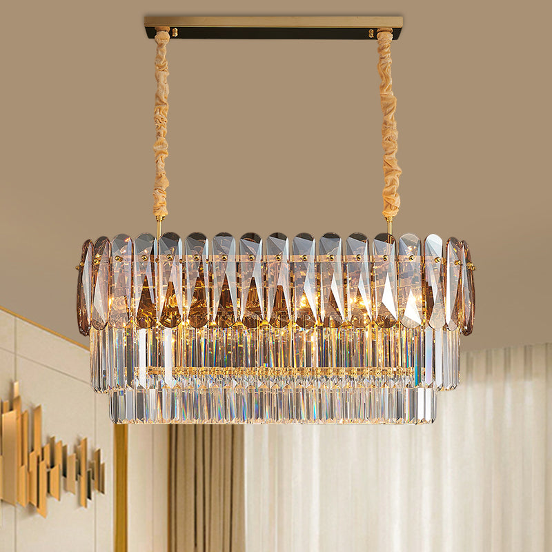 3-Tier Rectangular Dining Room Pendant Amber/Smoke Gray Crystal Block 12-Light Contemporary Island Lamp