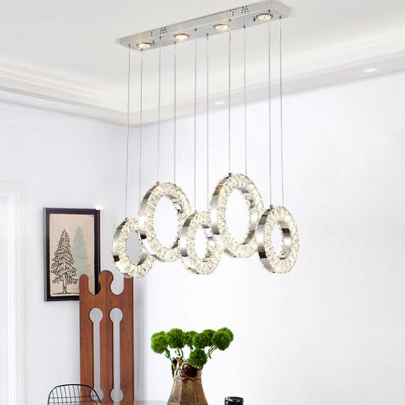 Hoop Crystal Multi Pendant Light Minimalist LED Chrome Hanging Ceiling Lamp in White/Warm Light