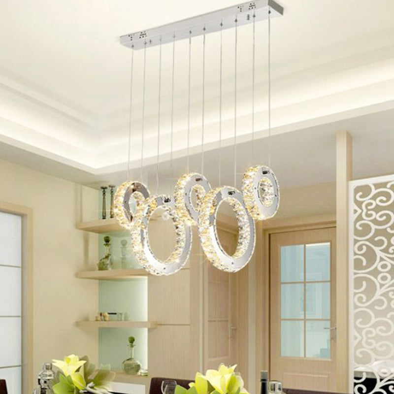 Hoop Crystal Multi Pendant Light Minimalist LED Chrome Hanging Ceiling Lamp in White/Warm Light