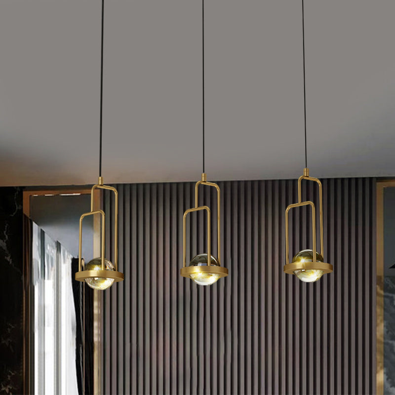 Postmodern Ball LED Multiple Hanging Light Crystal 3 Lights Dining Room Frame Pendulum Lamp in Gold
