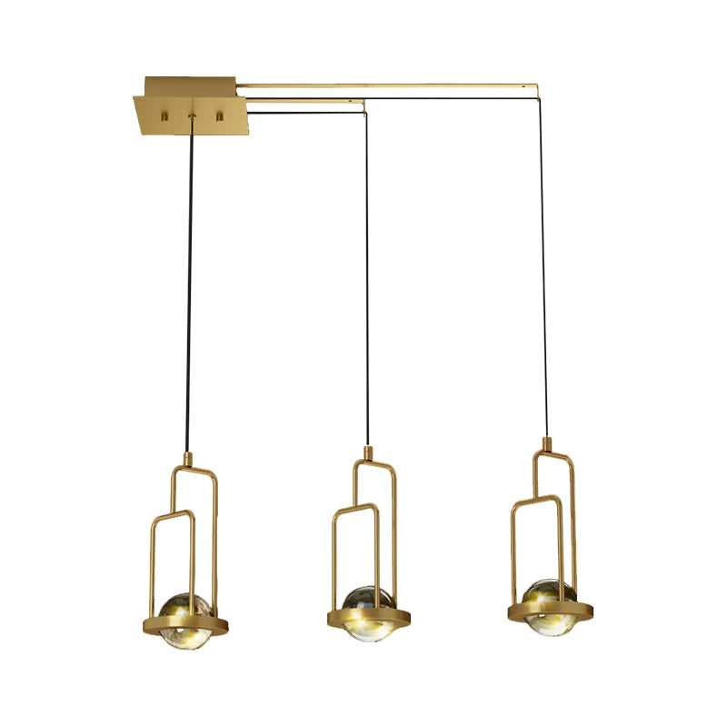 Postmodern Ball LED Multiple Hanging Light Crystal 3 Lights Dining Room Frame Pendulum Lamp in Gold