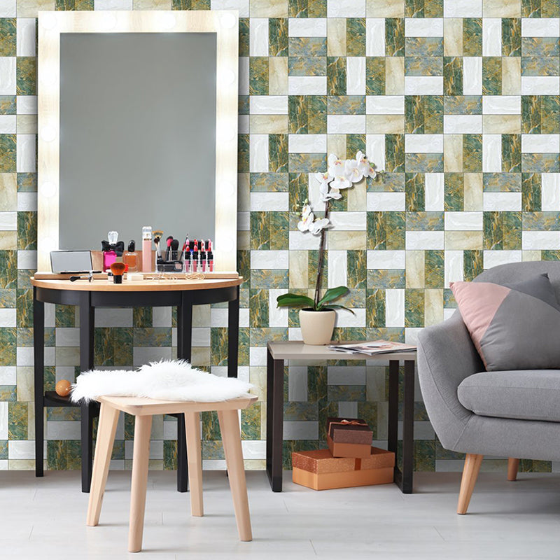 Marble Patchwork Wallpaper Panels Green-White Modern Wall Art for Living Room, Stick On