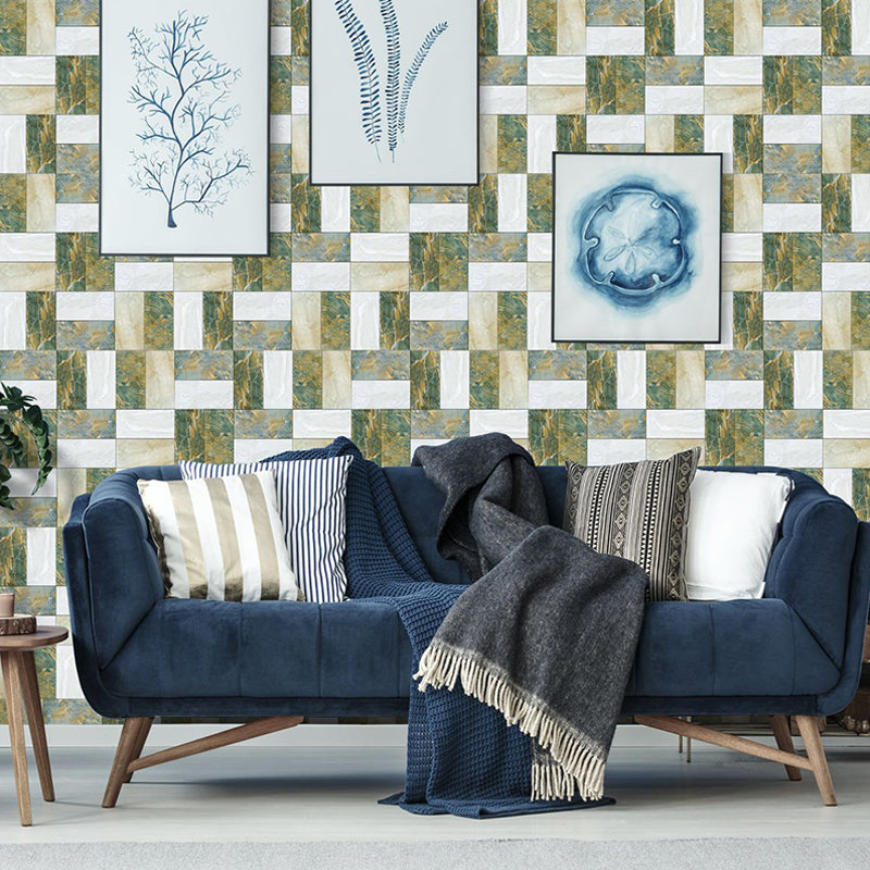 Marble Patchwork Wallpaper Panels Green-White Modern Wall Art for Living Room, Stick On
