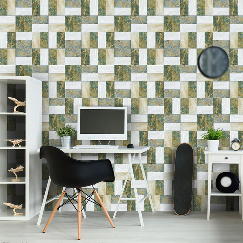 Marble Patchwork Wallpaper Panels Green-White Modern Wall Art for Living Room, Stick On