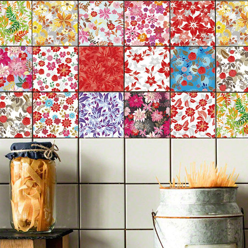 Flower Blossom Wallpaper Panel Set Rural PVC Self-Sticking Wall Art in Red-Yellow-Blue-Green