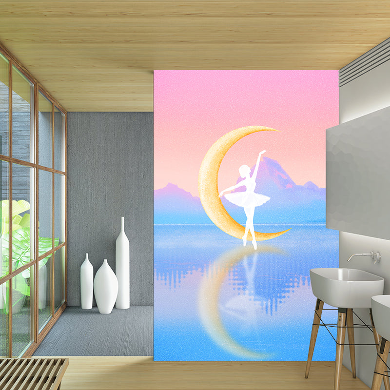 Pink-Blue Kids Wallpaper Mural Big Ballerina on Mirror Lake with Crescent Wall Art for Girls Room