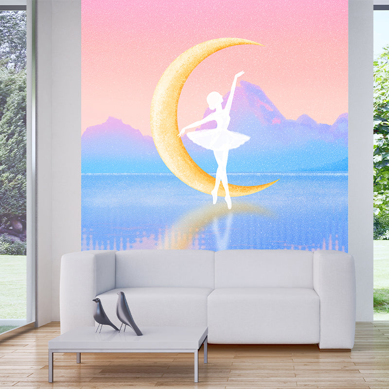 Pink-Blue Kids Wallpaper Mural Big Ballerina on Mirror Lake with Crescent Wall Art for Girls Room