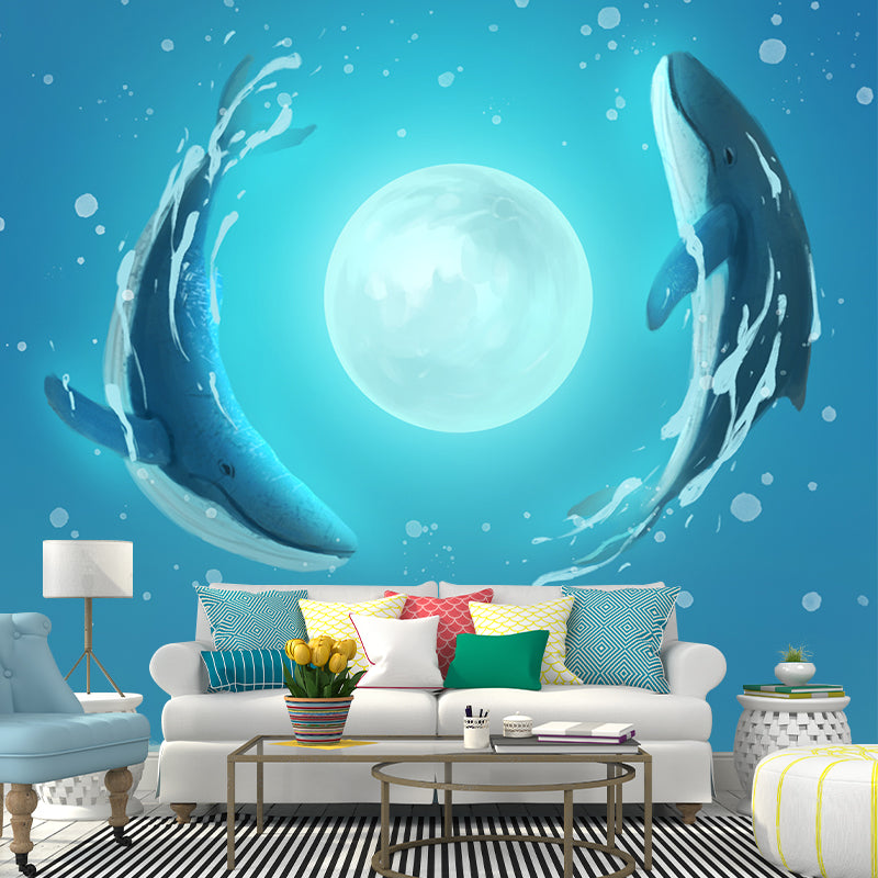 Custom Illustration Kids Wall Mural with Whale Dance Around Moon Pattern in Blue