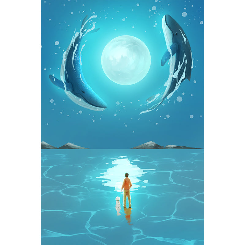 Custom Illustration Kids Wall Mural with Whale Dance Around Moon Pattern in Blue