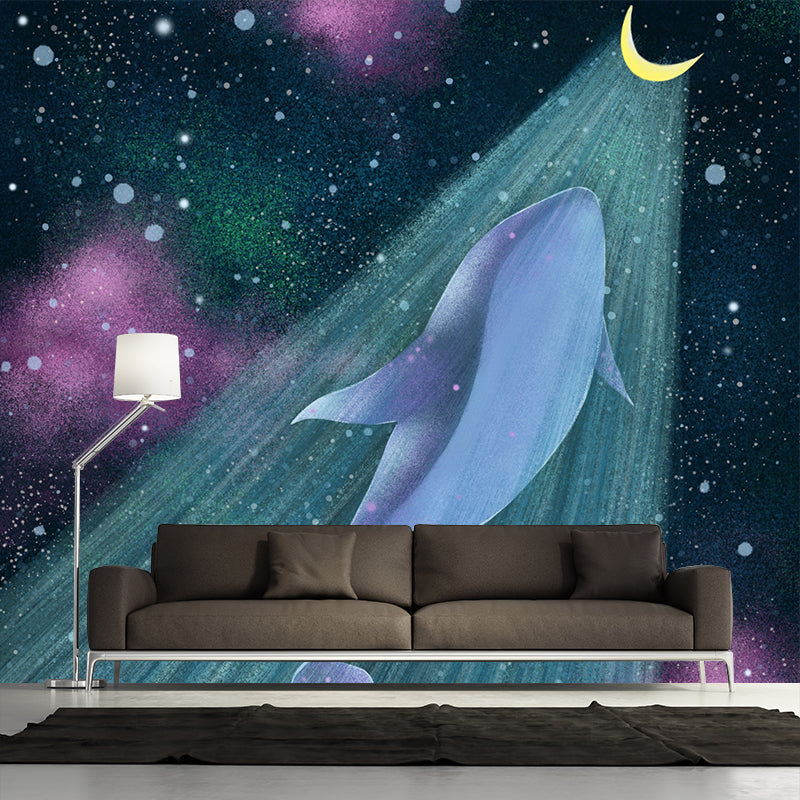 Cartoon Girls Mural Wallpaper with Whale Flying to the Moon Pattern Yellow-Blue Wall Covering