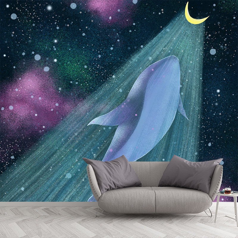 Cartoon Girls Mural Wallpaper with Whale Flying to the Moon Pattern Yellow-Blue Wall Covering