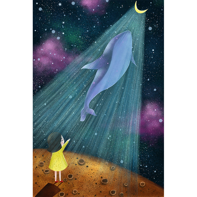 Cartoon Girls Mural Wallpaper with Whale Flying to the Moon Pattern Yellow-Blue Wall Covering