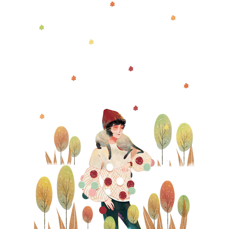 Large Childrens Art Mural Wallpaper White Girl Walk with Her Pet Wall Covering, Custom Size